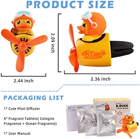 Car Air Freshener Cute Cartoon Yellow Duck Pilot Car Diffuser Rotating Propeller Automotive Air Outlet Fan Creative Car Perfume Decoration Cool Car Accessories Comes with 4 Fragrant Tablets - Image 4