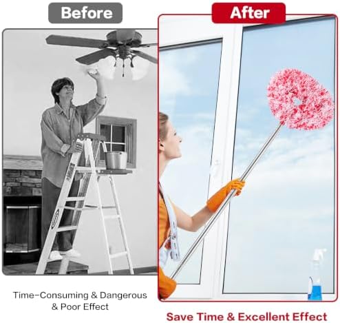 Ceiling Fan Cleaner Duster Reusable Microfiber Ceiling Fan Blade Cleaner Removable Duster with Extension Pole Adjusts 13 to 49.7 Inch for Cleaning Walls Furniture Door Window Top (Red White) - Image 4