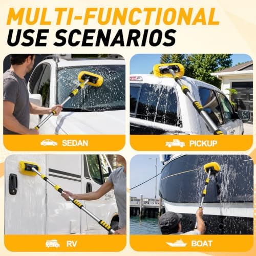 SISUPASSIE 12FT Car Wash Brush with Long Handle, Telescopic Car Wash Brush with Soap Dispenser, 12-Inch Soft Bristle Car Cleaning Brush for Cleaning Car, RV, Truck, Boat, Solar Panels, Yellow - Image 4