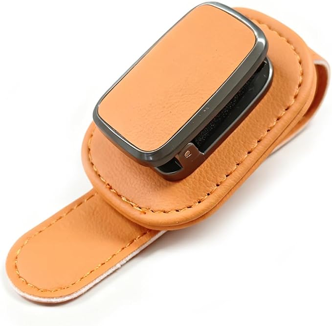 Car Sunglass Holder, Leather Car Sun Visor Eyeglasses Clip with Anti-Scratch Soft Padding, One-Handed Operation Auto Interior Glasses Organizer for Most Cars, Trucks, SUVs (Orange) by Unknown