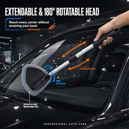 Microfiber Car Windshield Cleaning Tool with Extendable Handle,Car Defogging Glass Cleaning Brush with 4 Reusable Microfiber Pads 1 Spray Bottle and 1 Car Dust Removal Brush. (Gray) - Image 5