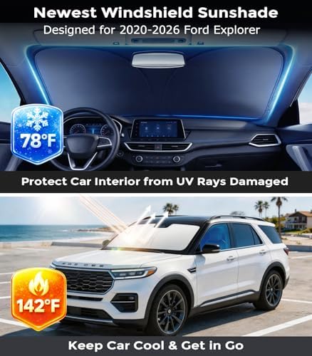 DMJN Front Windshield Sun Shade for Ford Explorer (2020-2026), [Nano Ice-Crystal Coatings] UPF50+ Heat & UV Block, Protect Car Interior & Keep Cool, Flodable Steel-Ring Car Cover for Summer - Image 2