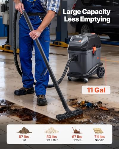 VEVOR Commercial Shop Vac, 11 Gallon Wet Dry Shop Vacuum, 5.5 Peak HP Portable with One-Button Self-Cleaning, 1350W Input, 1.25in x 7ft Hose, 20ft Cord, Industrial-Grade for Jobsite, Workshop - Image 2