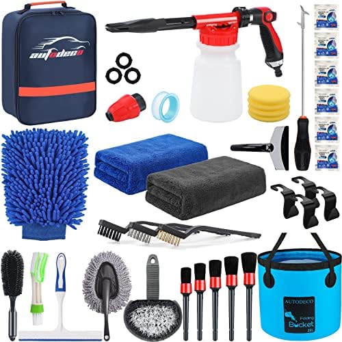 35Pcs Car Wash Detailing Kit Cleaning Kits with Foam Gun Sprayer Collapsible Bucket Brush Large Wash Mitt Towels Complete Interior Exterior Car Washing Supply Set Blue by AUTODECO
