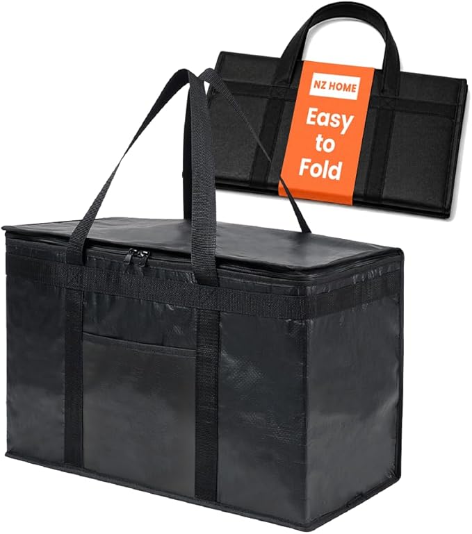 NZ home PRO Large Insulated Food Delivery Bag (2XL, Black, 1 Pack) | Thermal bag, For cold & hot food, Water-resistant, Portable cooler, Soft sided catering tote, Grocery bag with zippered top by NZhome