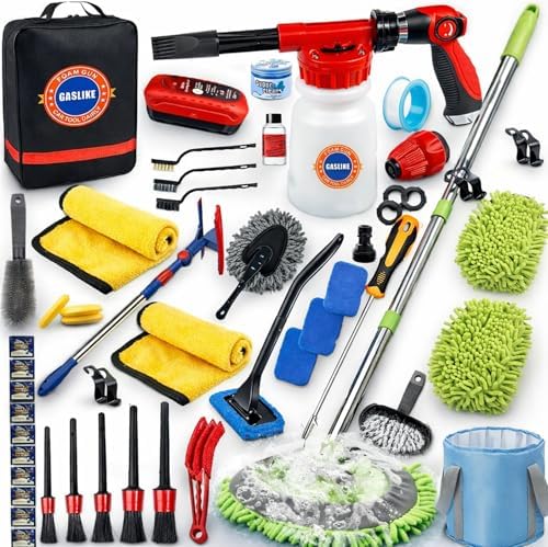 56Pcs Car Wash Cleaning Kit with Foam Gun, Car Wash Brush with Long Handle, Car Detailing Kit, Car Wheel Brush for Car Cleaning Supplies, Adjustable Hose Wash Sprayer-Quick Connector to Any Hose by GASLIKE