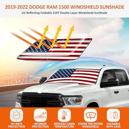 Bestview American Flag Windshield Sunshade for 2019-2022 Dodge Ram 1500: Sun Visor/Windshield Sun Shade for ram 1500 Truck, Foldable Front Window Sunshade Accessories Protector Block UV Rays Heat - Image 3