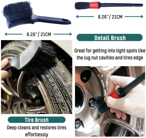 oesee Professional 4 Pack Long Handle Wheel Brush Kit for Cleaning Wheel and Tire- 2X Soft Wheel Cleaning Brush, Detailing Brush and Stiff Tire Brush, Bendable& Durable Wheel Rim Cleaner Brush Set - Image 4