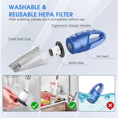 YOOHI Handheld Vacuum Cordless Rechargeable – 6000Pa Mini Hand Held Vacuum, LED Light, 20–25 Mins Runtime, USB Charging, 500ML Cup – Lightweight Small Vacuum Cleaner Cordless for Car/Office/Home - Image 4
