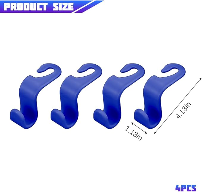 4 Pack 4.13 Inch Car Seat Headrest Hooks, Blue | plastic body, supports up to 55 lb, tool-free post fit, rotates beneath headrest when idle, interior storage accessory - Image 2