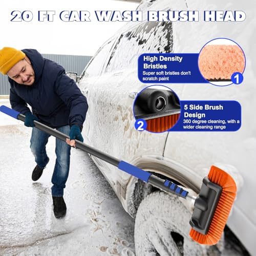 26Ft Reach Car Wash Kit with 5-20FT Telescopic Extension Pole, Car Wash Brush with Long Handle, Wheel Tire Brush, Car Wash Mop, Mitt, Squeegee for Cleaning Car, SUV, RV, Boats, Solar Panels - Image 2