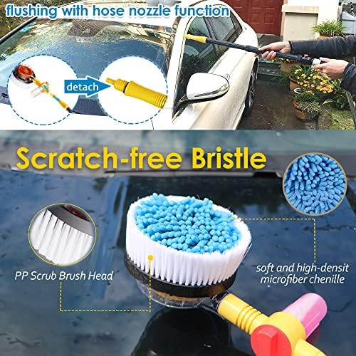 Car Wash Brush with Hose Attachment, 360 Spin Car Wash Brush with Soap Dispenser, Soft Bristle Car Cleaning Brush Mop Scrub Brush, Flow Through Car Washing Brush Kit Long Handle (Yellow) - Image 6