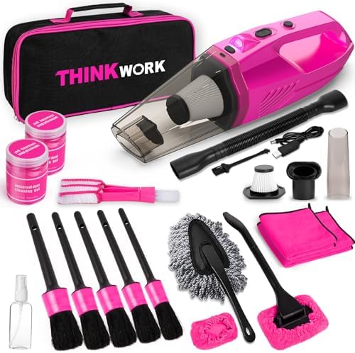 THINKWORK Car Detailing Kit with Vacuum, Pink Car Cleaning Accessories Set by THINKWORK