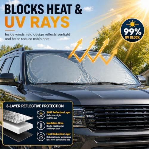 Ford Expedition Windshield Sun Shade, Custom Fit Foldable Front Window Sunshade Visor, Reflective UV and Heat Block Interior Protector, Fits 1997–2025 Models - Image 2
