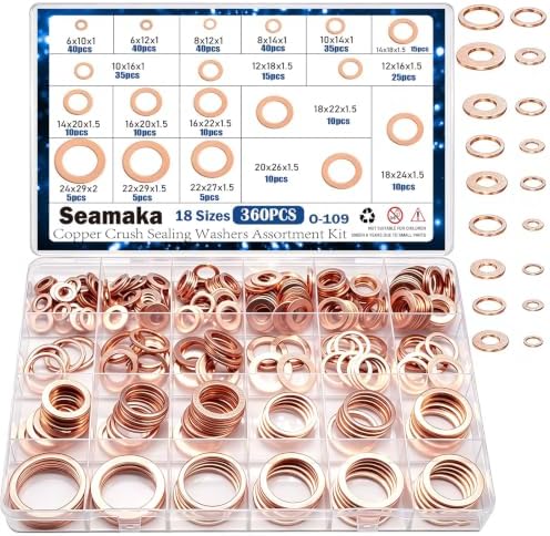 360PCS Crush Washer Oil Drain Plug,18 Sizes Copper Crush Washers Assortment Kit,Automotive Oil Pan Drain Plug Gasket M6 M8 M10 M12 M14 M16 M18 M20 M22 M24 by Seamaka