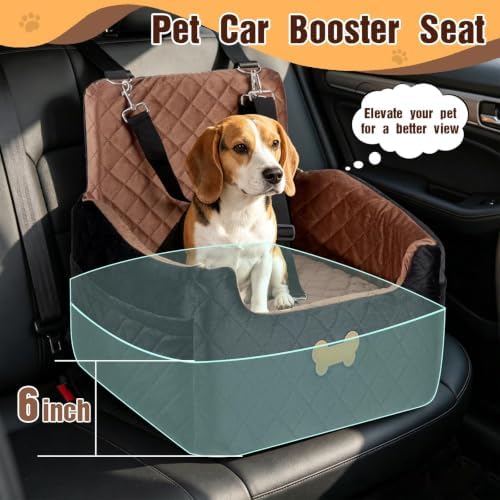 Dog Car Seat for Small Dogs, Dog Booster Seat Filling in Thick Memory Foam with 2 Safety Leashes and Storage Pocket, Suitable for Pet Under 30lb or 2 Puppies (Brown/Black) - Image 2