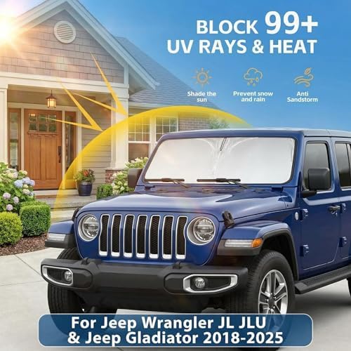 Windshield Sun Shade for Jeep Wrangler JL JLU & Jeep Gladiator 2018-2025 2026 Front Window Shade Custom Fit Sun Visor Foldable Shade Blocks UV Rays Summer Must Have Car Accessories - Image 2