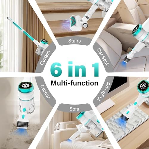 Tikom V500 Cordless Vacuum Cleaner for Home, 40000Pa/450W Stick Vacuum with LED Touch Screen, Charging Wall Dock, Anti-Tangle, Lightweight Handheld Vacuum for Pet Hair, Hard Floor, Carpet, Blue - Image 5