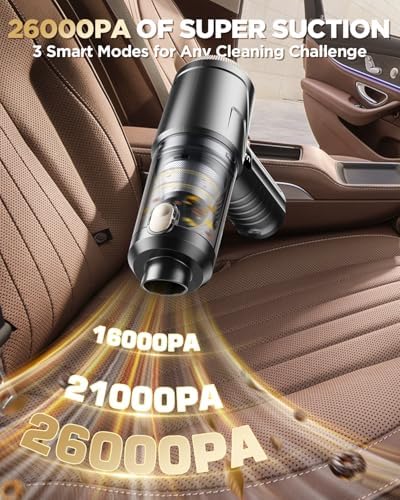 Handheld Vacuum Cleaner 26000Pa Suction with Brushless Motor, 4-in-1 Portable Mini Car Vacuum with 3 Suction Modes, Cordless Vacuum with LED Light, Type-C Charge for Car, Office Desk, Keyboards - Image 2