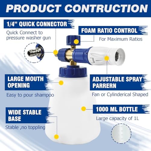 ESP 1L Car Wash Foam Cannon, HDPE Bottle, Silicone Straw with Filter, Stable Foam Output, Stainless Steel Quick Connect for Car, Bike, Boat & Outdoor Cleaning - Image 4
