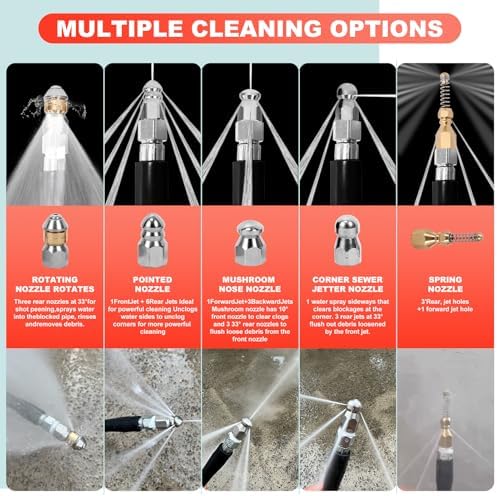Sewer Jetter Kit for Pressure Washer,Water Jet Drain Cleaning Hose with Corner Rotating Button Spring Nose 1/4" NPT Sewer Cleaning Tool High-Pressure Nozzles,5800 PSI 50 FT - Image 4