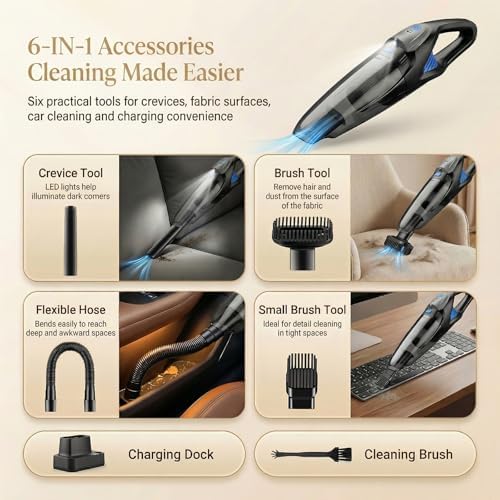 Handheld Vacuum Cordless, 25000Pa Powerful Suction Car Vacuum Portable Cordless with 8000mAh Battery & LED Light, Hand Held Vacuum Rechargeable with HEPA Filters, Home, Car Seats, Pet Hair Blue - Image 4