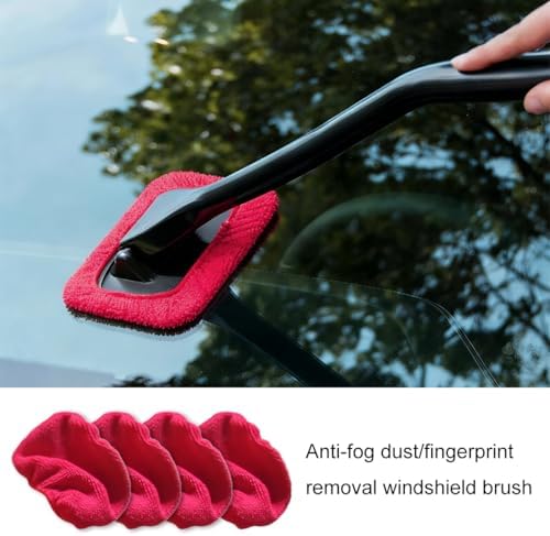 Car Windshield Cleaning Tool, Microfiber Vehicle Window Cleaner with 5 Washable Reusable Cloth Pad & 1 Spray Bottle, Automotive Glass Wiper Cleaning Kit Accessories, Universal Fit (Red) - Image 4