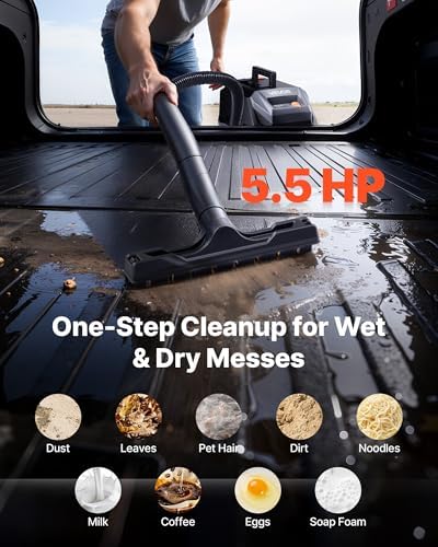 VEVOR Commercial Shop Vac, 11 Gallon Wet Dry Shop Vacuum, 5.5 Peak HP Portable with One-Button Self-Cleaning, 1350W Input, 1.25in x 7ft Hose, 20ft Cord, Industrial-Grade for Jobsite, Workshop - Image 3