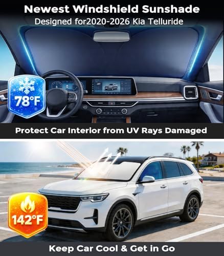 DMJN Front Windshield Sun Shade for Kia Telluride (2020-2026), [Nano Ice-Crystal Coatings] UPF50+ Heat & UV Block, Protect Car Interior & Keep Cool, Flodable Steel-Ring Car Cover for Summer - Image 2