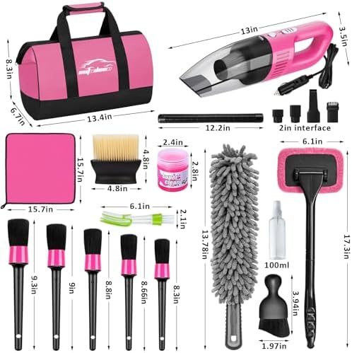 Car Cleaning Kit, Car Vacuum Interior Detailing Cleaner Kit with High Power Handheld Vacuum, Brush Set, Windshield Tool, Duster, Towels, Complete Car Care Tools for Women (Pink) - Image 7