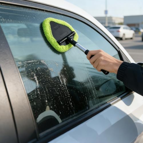 Microfiber Car Windshield Cleaning Tool with Extendable Handle,Car Defogging Glass Cleaning Brush with 4 Reusable Microfiber Pads 1 Spray Bottle and 1 Car Dust Removal Brush. (Green) - Image 6