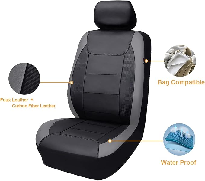 Flying Banner car seat Covers Protects Water Proof Faux Leather Carbon Fiber Front and Rear Bench (Gray Black, Full Set - 9PCS) - Image 2