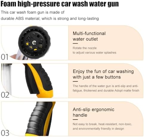 Car Wash Foam Gun, High Pressure Vehicle Wash Soap Sprayer with 8 Adjustable Watering Patterns, Automotive Hose Nozzle Foam Blaster, Universal for Automobile RV Truck (Yellow) - Image 4