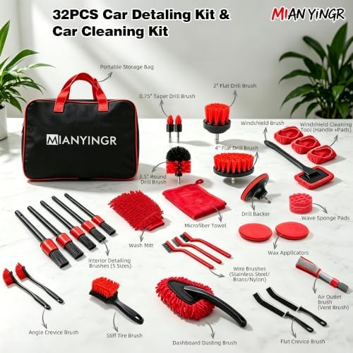 32Pcs Red Car Detailing Kit – Brush Set & Cleaning Kit with Drill Brush, Polishing/Waxing Pads, Interior/Exterior Tools for Wheels & Windshield – Portable Handbag - Image 6