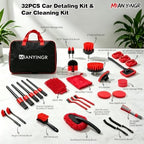32Pcs Red Car Detailing Kit – Brush Set & Cleaning Kit with Drill Brush, Polishing/Waxing Pads, Interior/Exterior Tools for Wheels & Windshield – Portable Handbag - Image 6