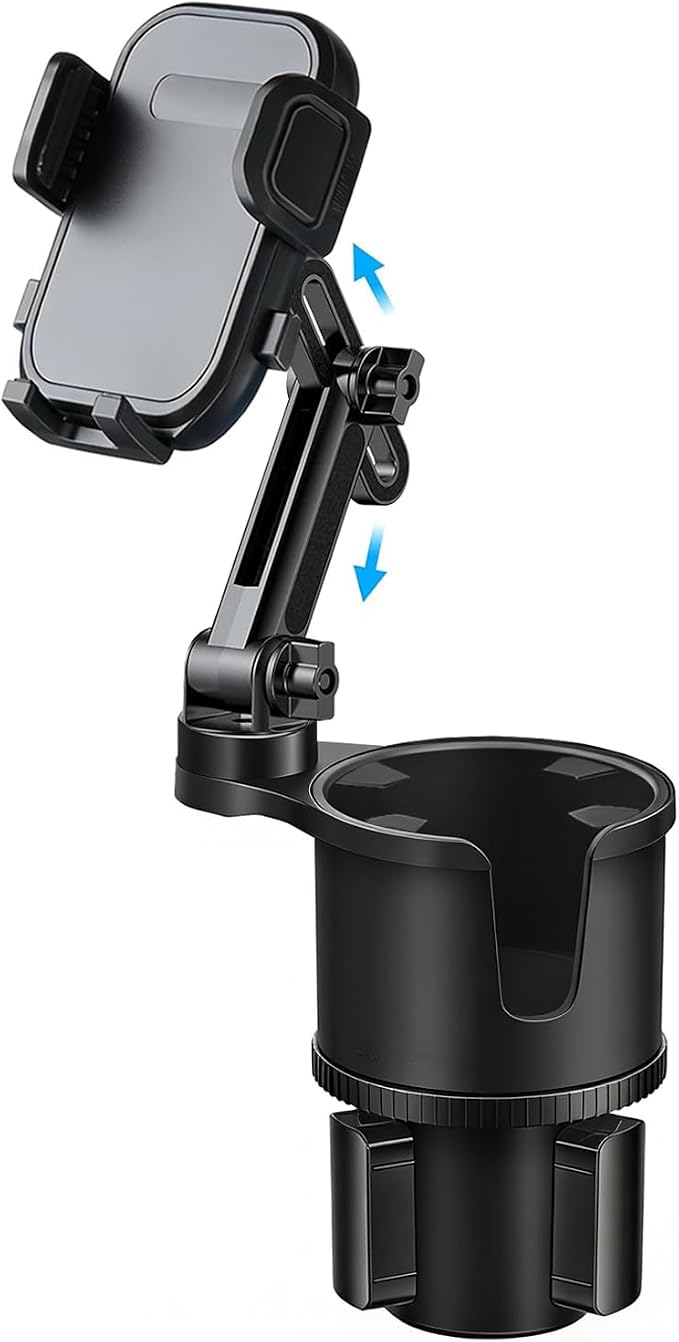 Cup Phone Holder for Car with Expandable Base, 2 in 1 Height-Adjustable Dual Cell Phone Holders Car Cupholder Mount, Friendly Fit Large Bottle & iPhone All Cellphone for Truck SUV | No Shake Design by Easkkty