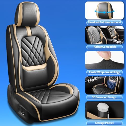 Fit Liberty Car Seat Covers Compatible with Jeep Liberty 2002-2010 2011 2012-Premium Leather,Waterproof,Breathable,Airbag Compatible &All-Weather Seat Cushion Protecto(Full Set,Beige) - Image 4