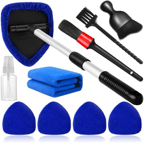 Qydipclin 10pcs Windshield Cleaning Tool Inside Car Window Cleaner Wash Kit with 4 Reusable Microfiber Pads 1 Spray Bottle and Extendable Handle Interior Auto Glass Wiper Kit, Blue by Qydipclin