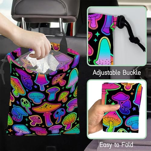 Bright Mushrooms Car Garbage Bag,Colorful Mushroom Waterproof Small Car Trash Bag Hanging Back of Seat,Drawstring Hanging Car Trash Bag with Adjustable Buckle for Car Accessories - Image 6