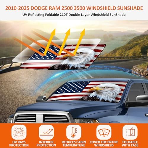 Bestview American Eagle Flag Windshield Sun Shade for 2010-2025 Dodge Ram 2500 3500,Custom Fit Foldable Front Window Sunshade Sun Visor Accessories Protector Block UV Rays Heat, Keep Your Car Cooler - Image 2