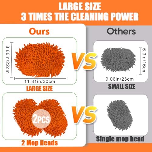 62" Car Wash Brush Mop Kit with Long Handle, 2 in 1 Chenille Microfiber Sponge Mitt Cleaning Detailing Duster for Washing Cars Truck SUV RV Caravans and Household(2 x Mop Head) (Orange) - Image 2