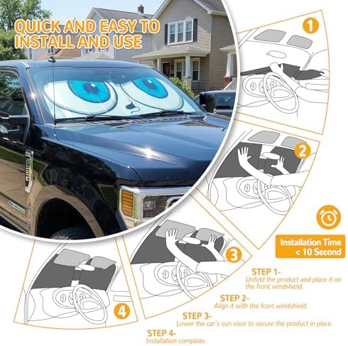 Windshield Sun Shade for Car, 63"x28.5" Stylish Printed Front Window Sunshade with Double Steel Ring Frame, Universal Fit Foldable Heat Blocker & UV Protector, with Storage Pouch (Eyes) - Image 5