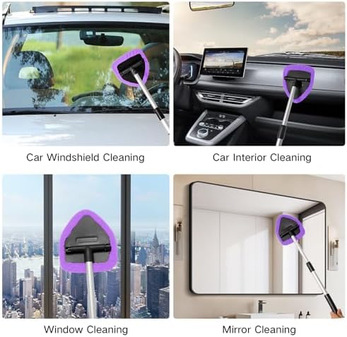 Qydipclin 10pcs Windshield Cleaner Tool, Car Window Cleaning Wash Kit with 4 Reusable Microfiber Pads 1 Spray Bottle and Extendable Handle Auto Glass Wiper Kit, Purple - Image 6