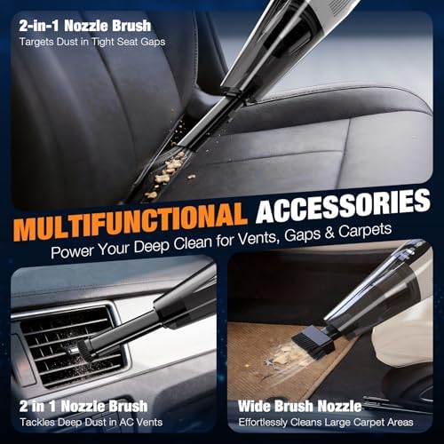 Handheld Vacuum Cordless, Ultra-Strong Suction Car Vacuum Portable Cordless, Rechargeable Hand Held Car Vacuum Cleaner High Power with Multi-Nozzles & Washable Filter for Car, Home, Pets, White&Black - Image 5