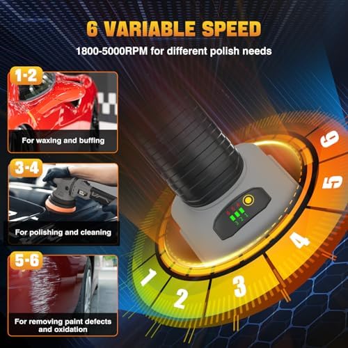 VERVEWAVE Cordless Buffer Polisher Kit for Dewalt 20V Battery (No Battery), 6-Inch Orbital Car Polisher Variable Speed 1800—5500 RPM, 17PCS Polishing Accessories, for Car Polishing/Waxing (Tool Only) - Image 5