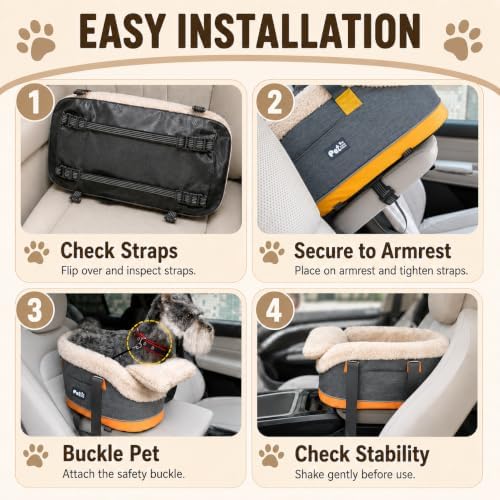 Pet Car Center Console Elevated Armrest Car Seat for Small Puppy, Dogs & Cats (Up to 10 lbs) – Dark Gray Washable Plush Carrier with Safety Leash, Fits Front Vehicle Console Space (Dark Grey) - Image 6