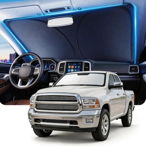 DMJN Front Windshield Sun Shade for Dodge RAM (2019-2026), [Nano Ice-Crystal Coatings] UPF50+ Heat & UV Block, Protect Car Interior & Keep Cool, Flodable Steel-Ring Car Cover for Summer by DMJN