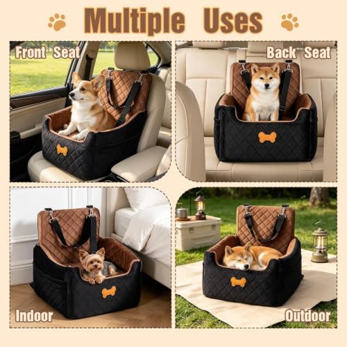Dog Car Seat for Small Dogs, Dog Booster Seat Filling in Thick Memory Foam with 2 Safety Leashes and Storage Pocket, Suitable for Pet Under 30lb or 2 Puppies (Brown/Black) - Image 3
