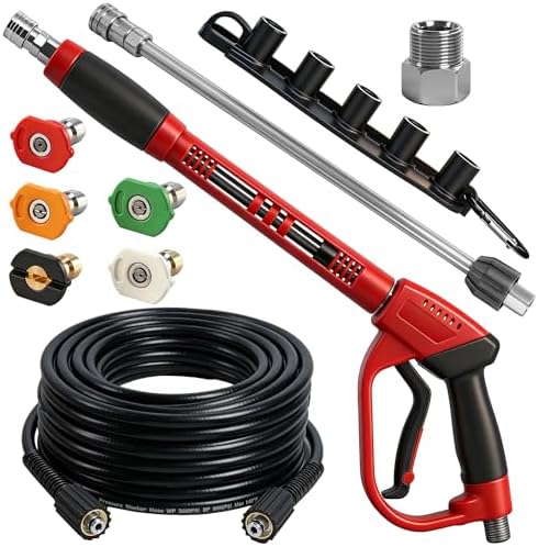 Hourleey Pressure Washer Gun and Hose Kit, 50 FT Kink Resistant Power Washer Hose and Replacement Wand Extension, 5 Nozzle Tips, M22-14 Fitting, 3600 PSI by Hourleey