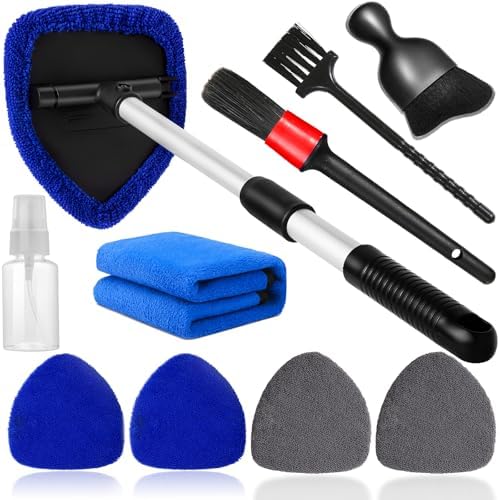 Qydipclin 10pcs Windshield Cleaning Tool Inside Car Window Cleaner Wash Kit with 4 Reusable Microfiber Pads 1 Spray Bottle and Extendable Handle Interior Auto Glass Wiper Kit, Blue&Gray by Qydipclin
